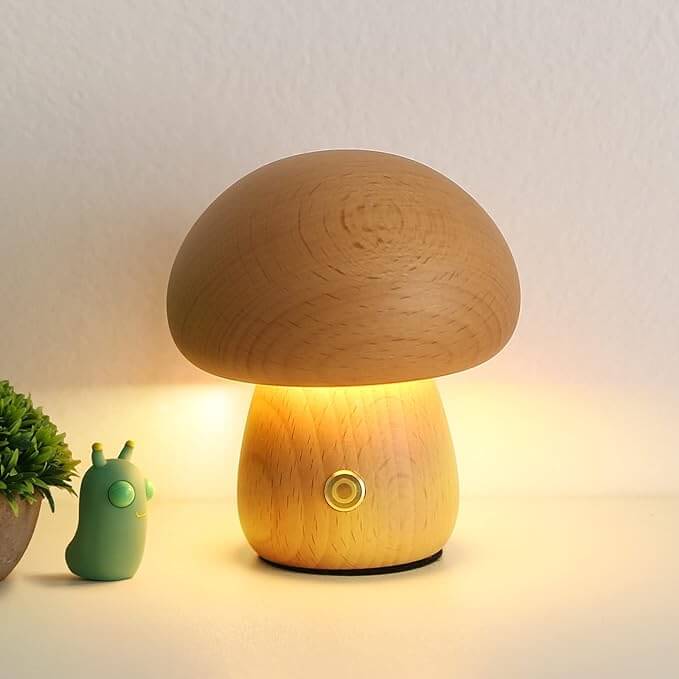 Lampe champignon Portobello | Veilleuse rechargeable en bois naturel