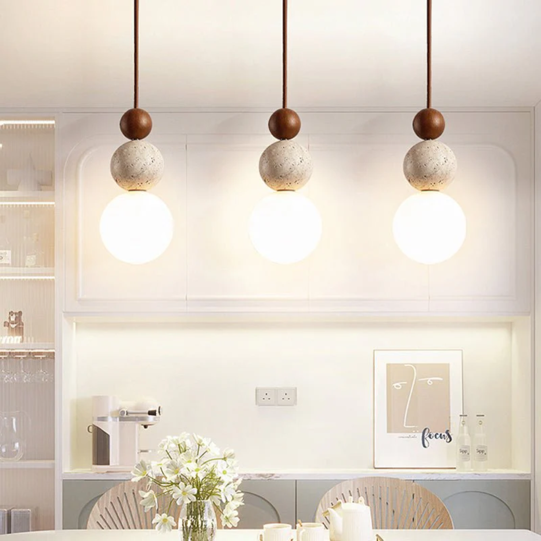 Suspension Cleonice | Lampe suspendue en travertin, bois et verre