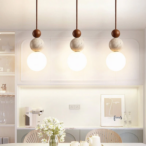 Suspension Cleonice | Lampe suspendue en travertin, bois et verre