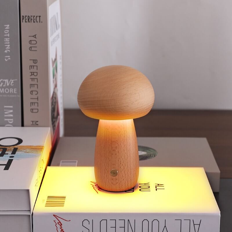 Lampe champignon Portobello | Veilleuse rechargeable en bois naturel