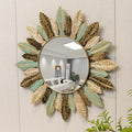 Bohemian Sunburst Metal Wall Mirror | Teal & Gold Leaf Design