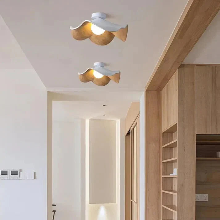 Scandinavian Wooden Lotus Ceiling Light | Resin & Iron Modern Flush Lamp