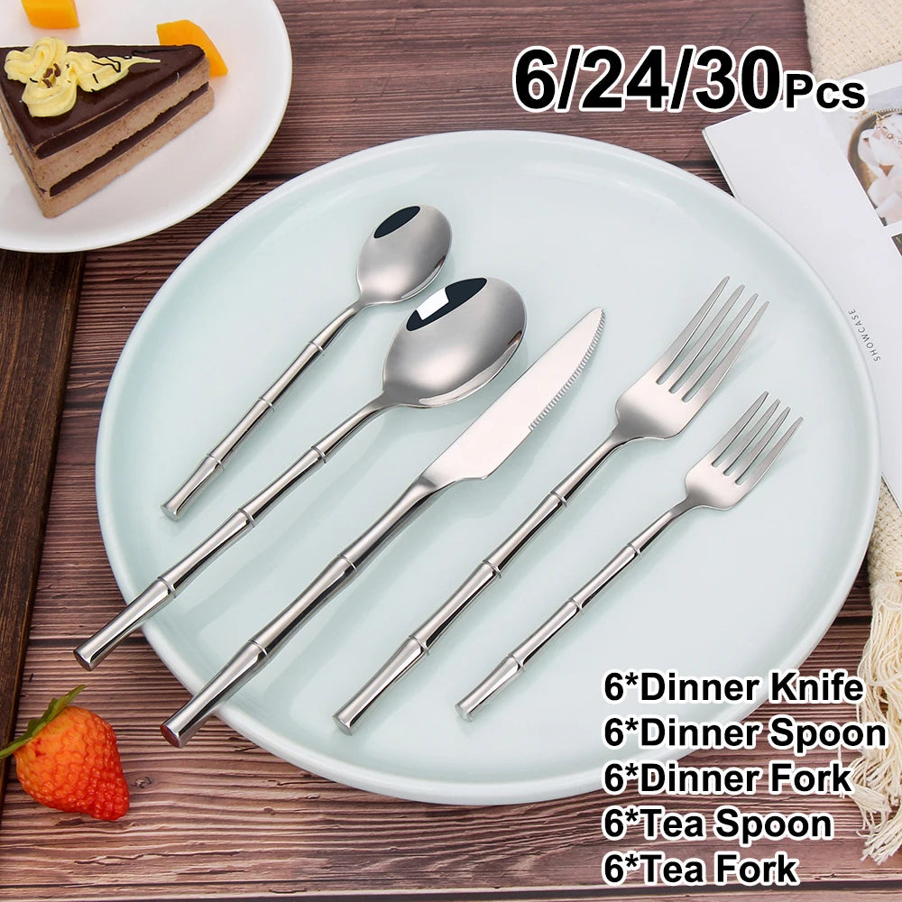 Stainless steel cutlery with bamboo-shaped handles
