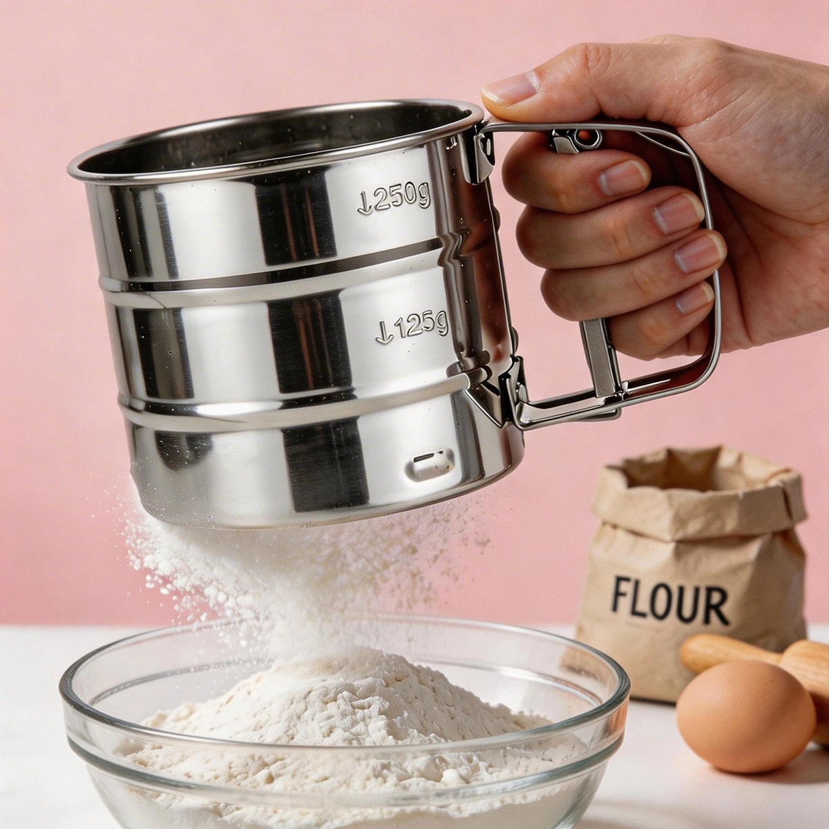 Stainless steel flour sifter over a bowl of flour