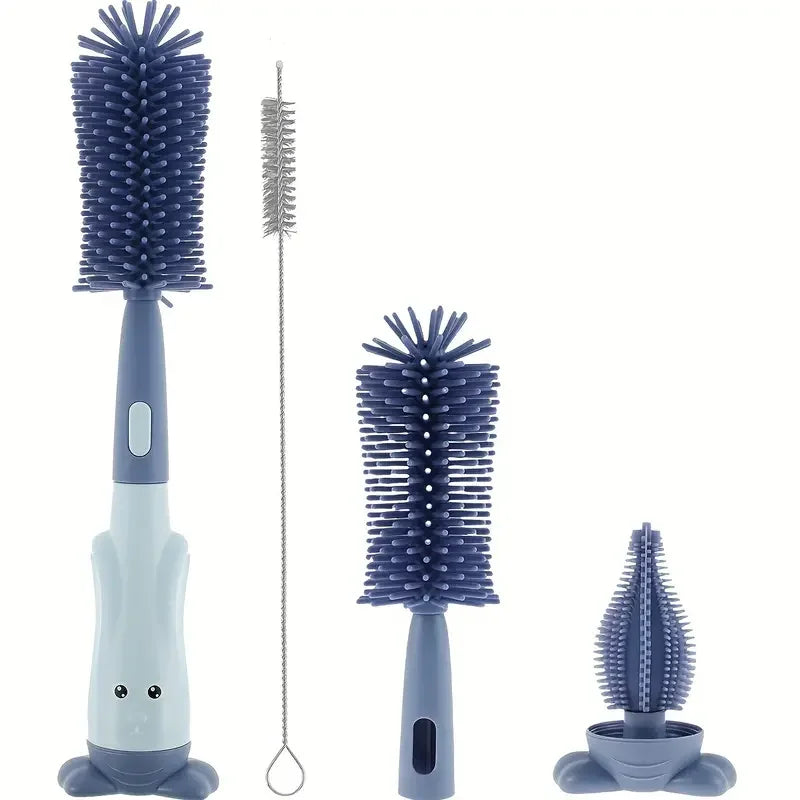 Blue silicone bottle brush set with stand