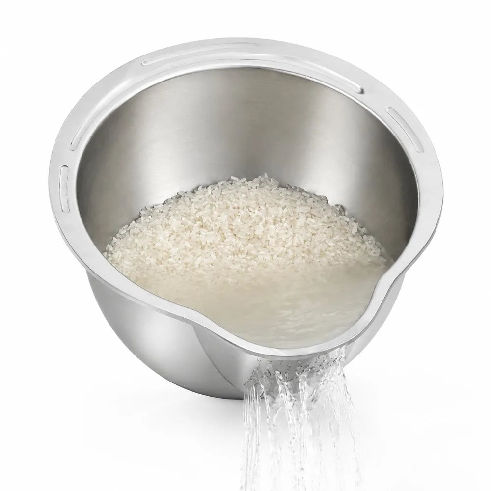 Stainless steel rice washing bowl draining water