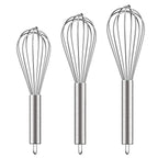 Three stainless steel balloon whisks