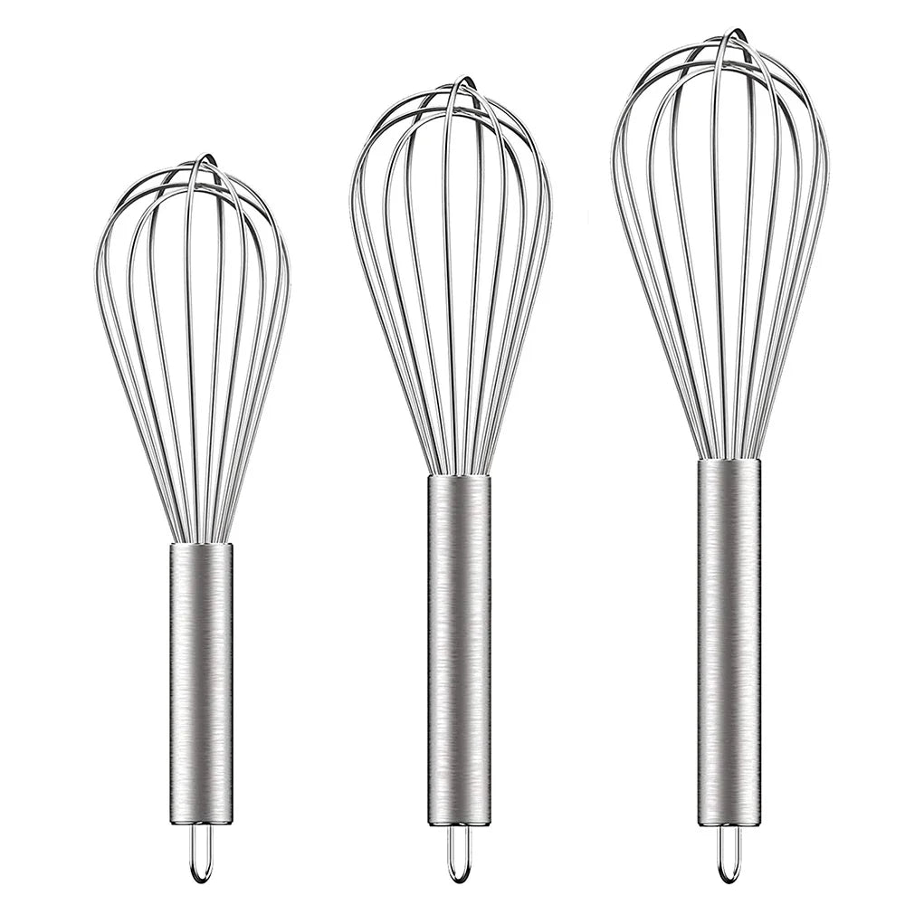 Three stainless steel balloon whisks