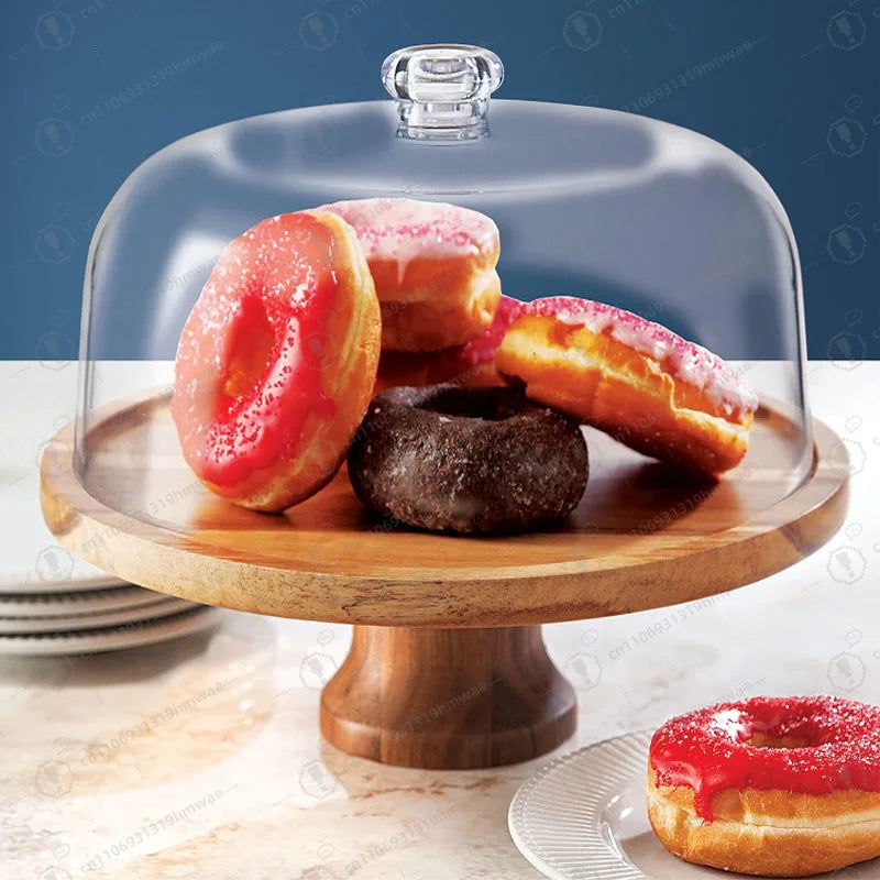 Acacia Wood Cake Stand with Clear Dome
