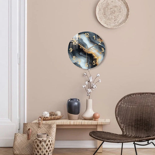 Horloge murale en marbre bleu et or | Design en bois silencieux
