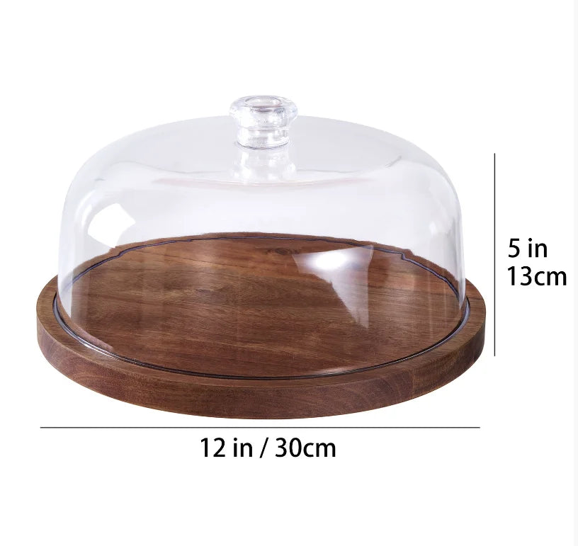 Acacia Wood Cake Stand with Clear Dome