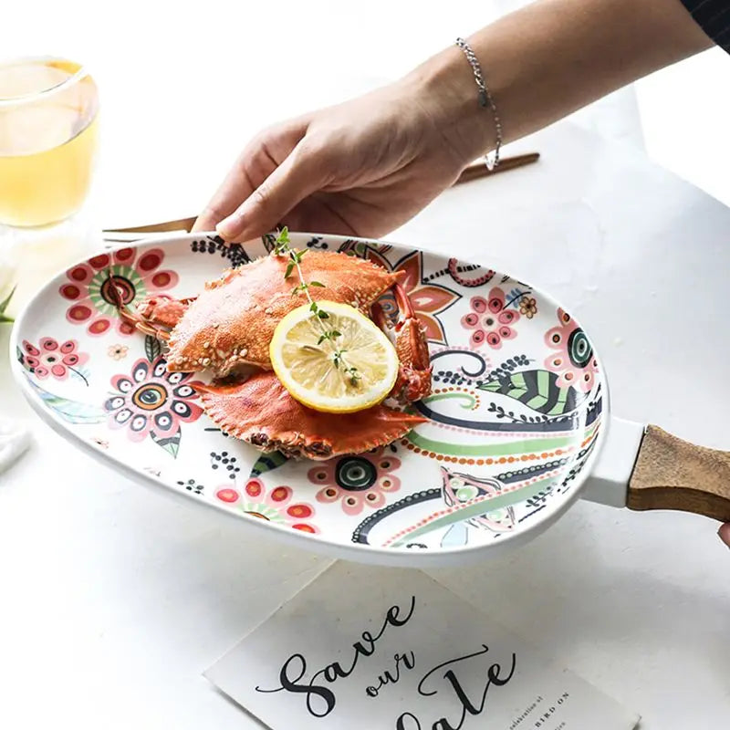 Floral Ceramic Serving Plate with Handle
