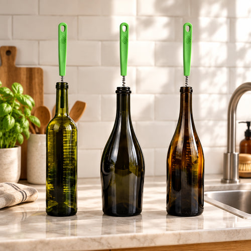 Cleaning a bottle at the sink with a long-handled brush