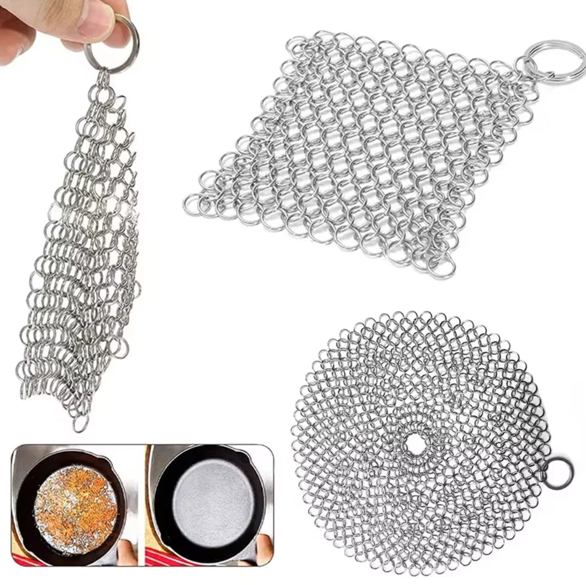 Stainless steel chainmail scrubbers for cast iron pans