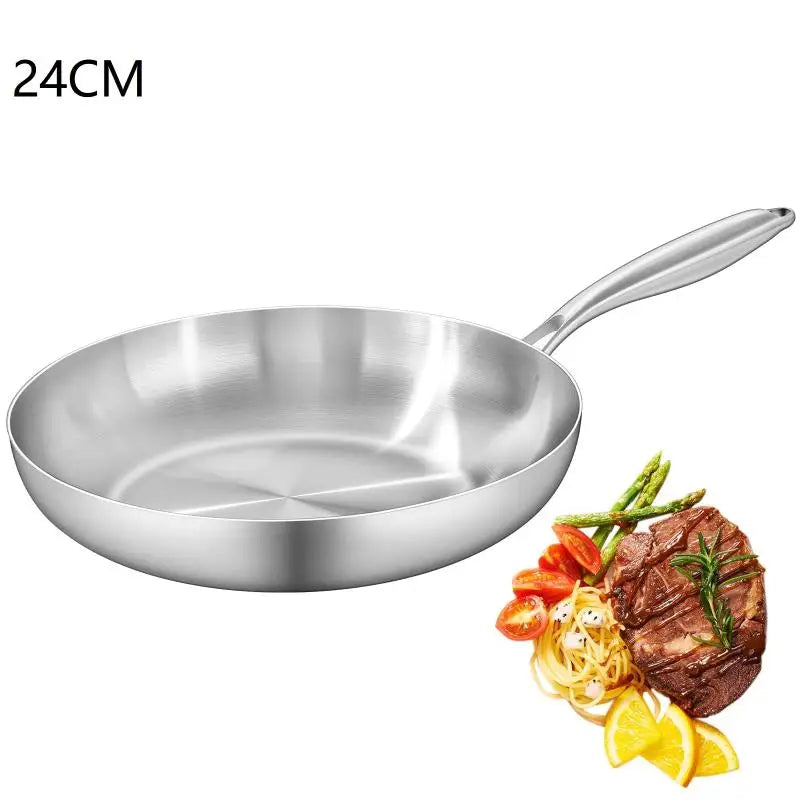 Stainless steel frying pan beside a seared steak