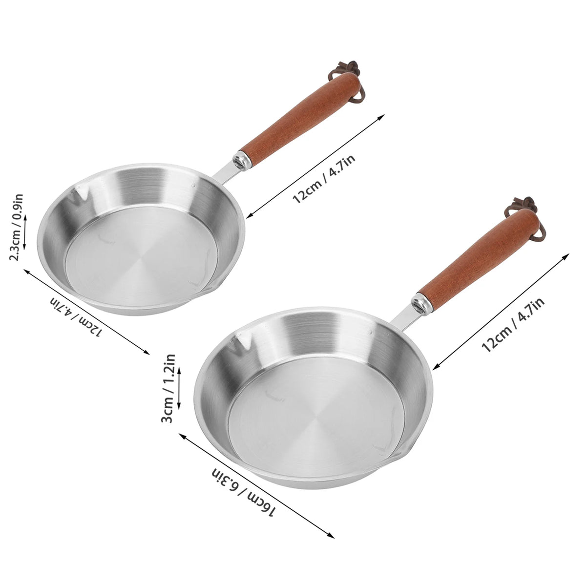 Two mini stainless steel frying pans with wooden handles