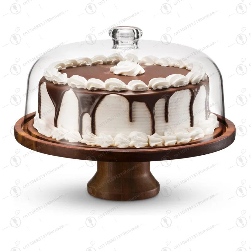 Acacia Wood Cake Stand with Clear Dome