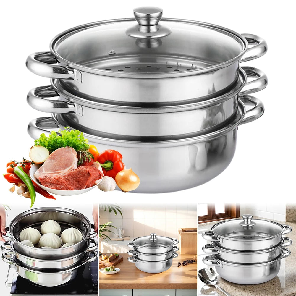 Three-Tier Stainless Steel Steamer Pot