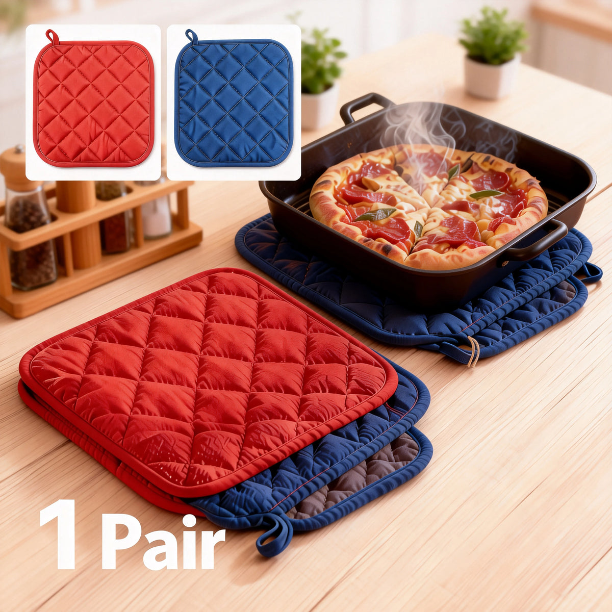 Red and blue quilted pot holders beside a pan