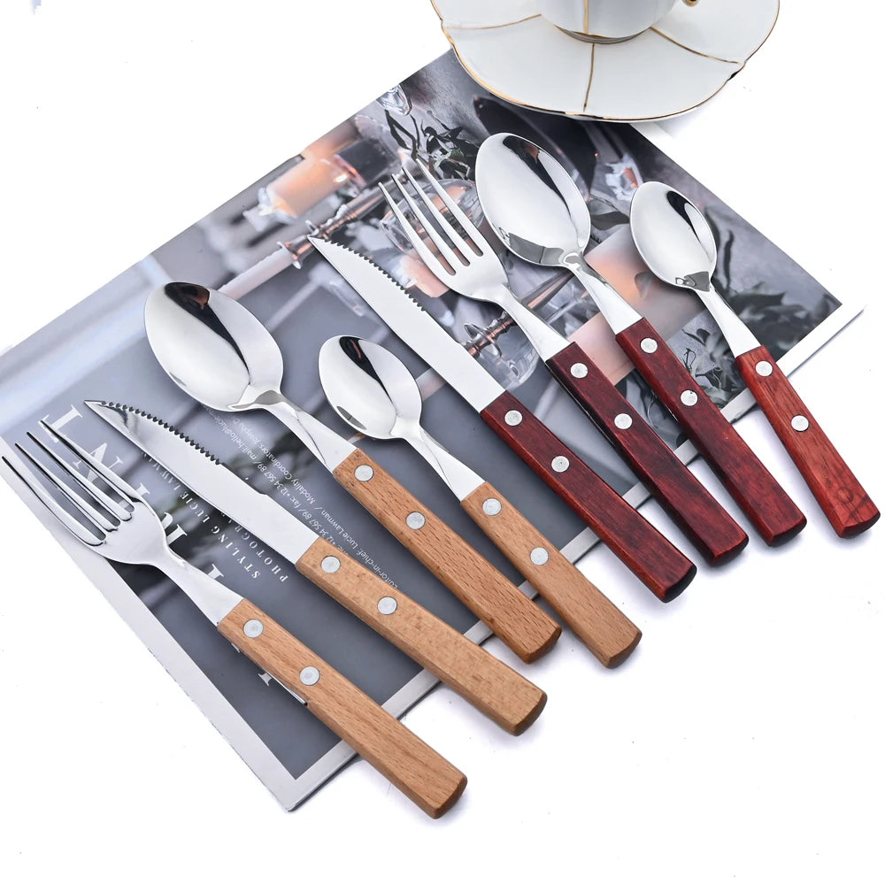 Wooden-Handled Cutlery Set, 24 Pieces