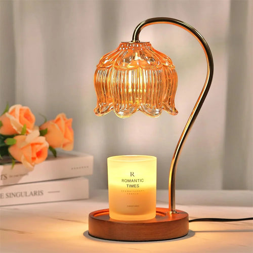 Lampe chauffe-bougie | Abat-jour en verre rétro et base en bois massif