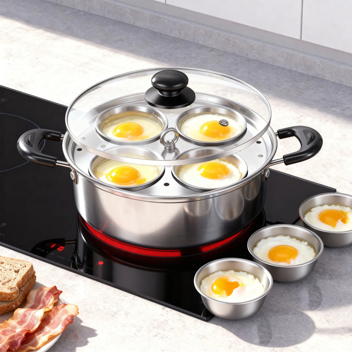 Stainless steel egg poaching pan with four eggs on a hob