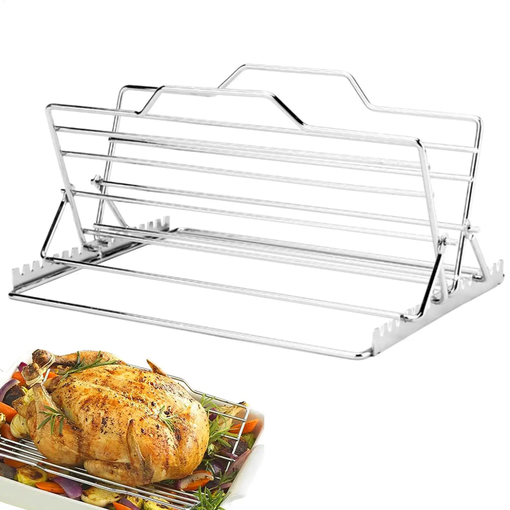 Folding wire roasting rack above a roast chicken