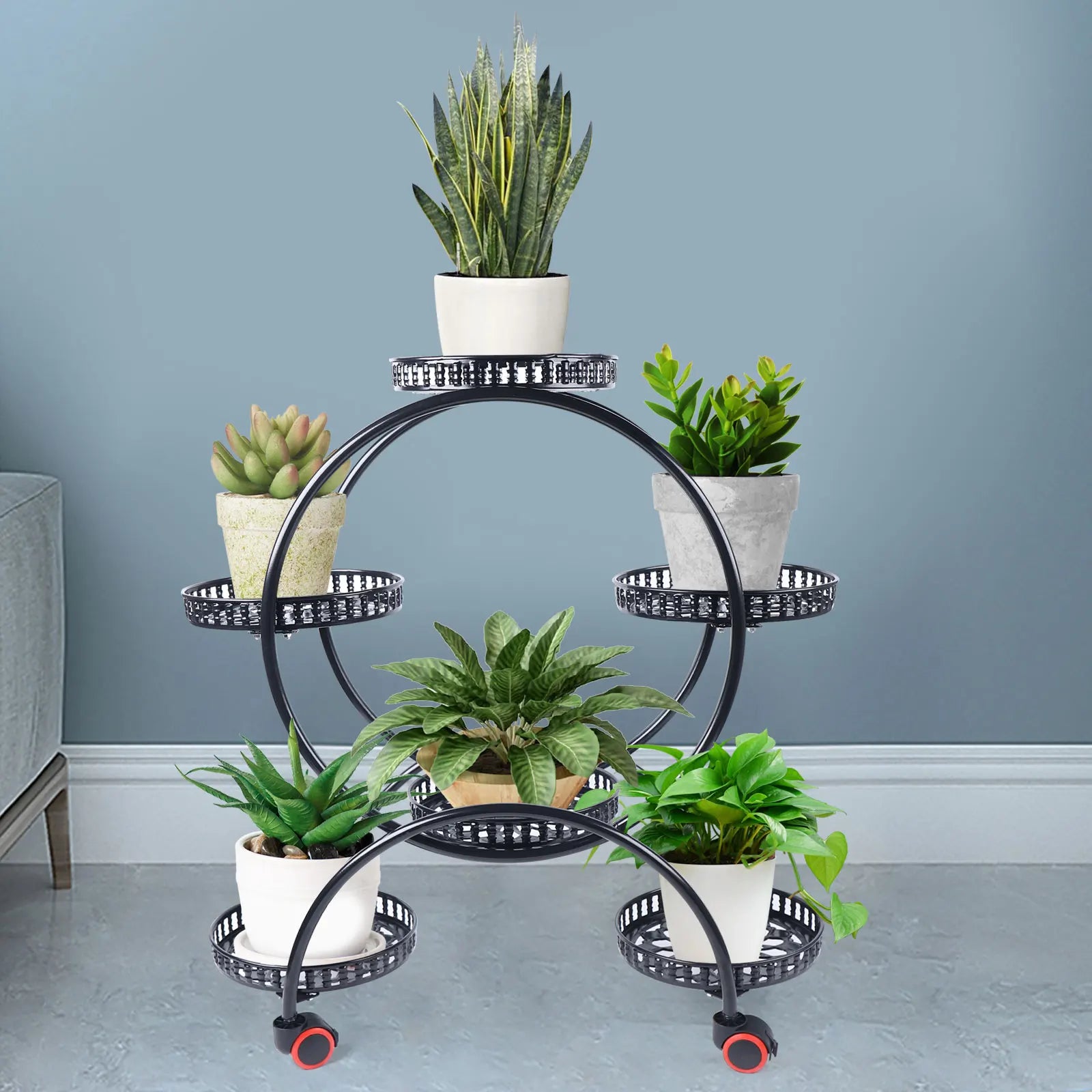 Support pour plantes en métal à roulettes | Étagère à pots de fleurs à 6 niveaux pour décoration intérieure et extérieure