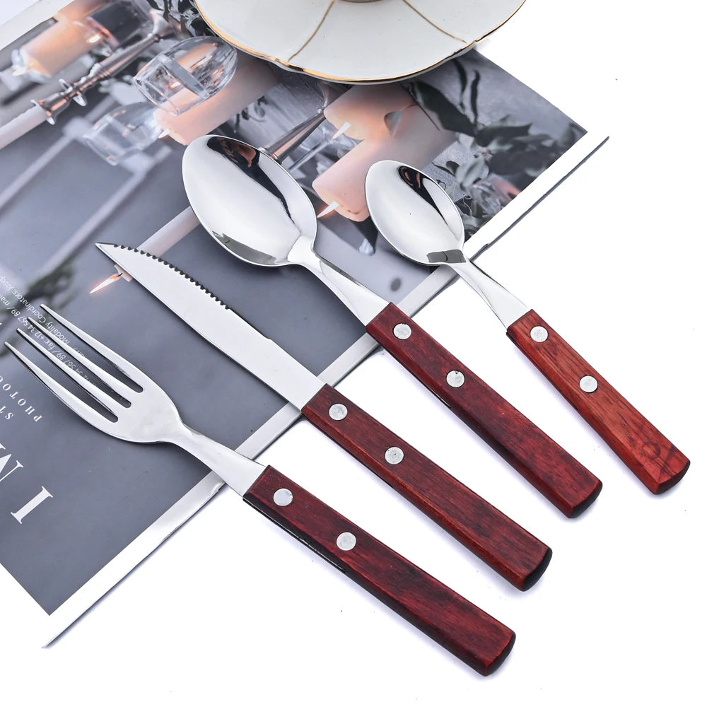 Wooden-Handled Cutlery Set, 24 Pieces