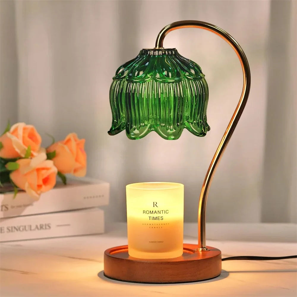 Lampe chauffe-bougie | Abat-jour en verre rétro et base en bois massif