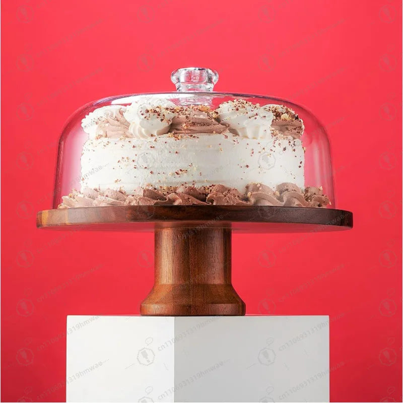 Acacia Wood Cake Stand with Clear Dome