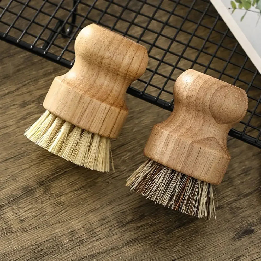 Two wooden pot scrubbing brushes with natural bristles