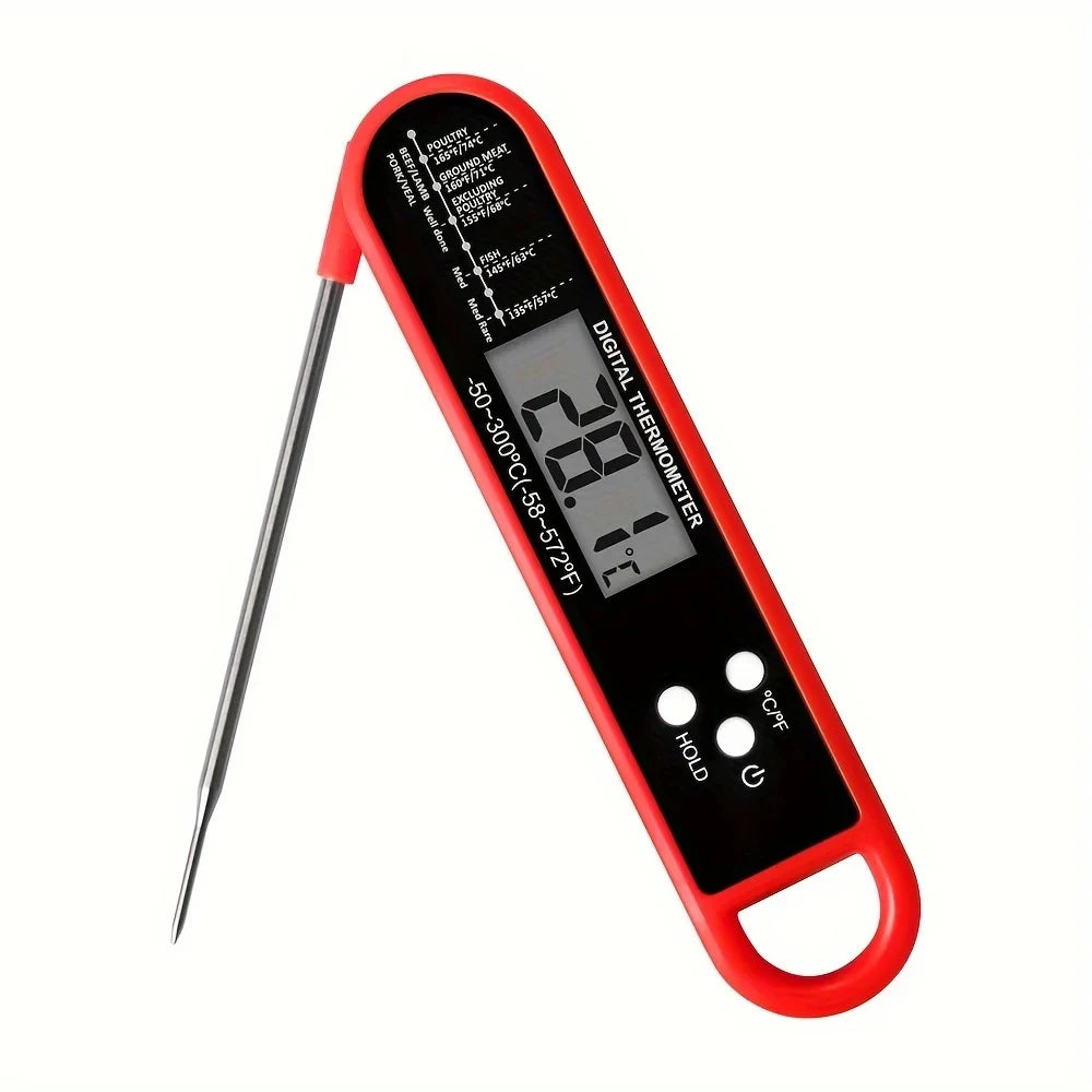 Red instant-read meat thermometer with folding probe