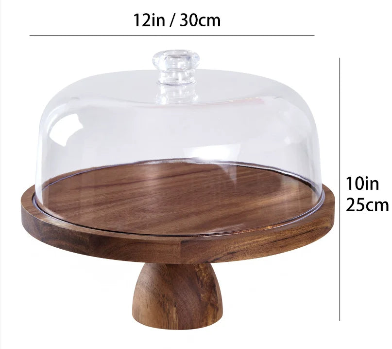 Acacia Wood Cake Stand with Clear Dome