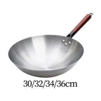 Round wok pan with wooden handle