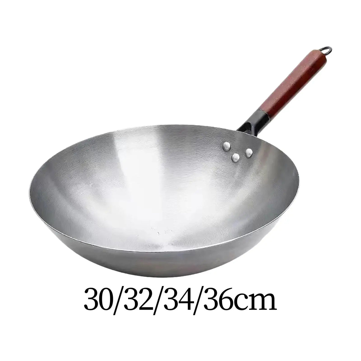 Round wok pan with wooden handle