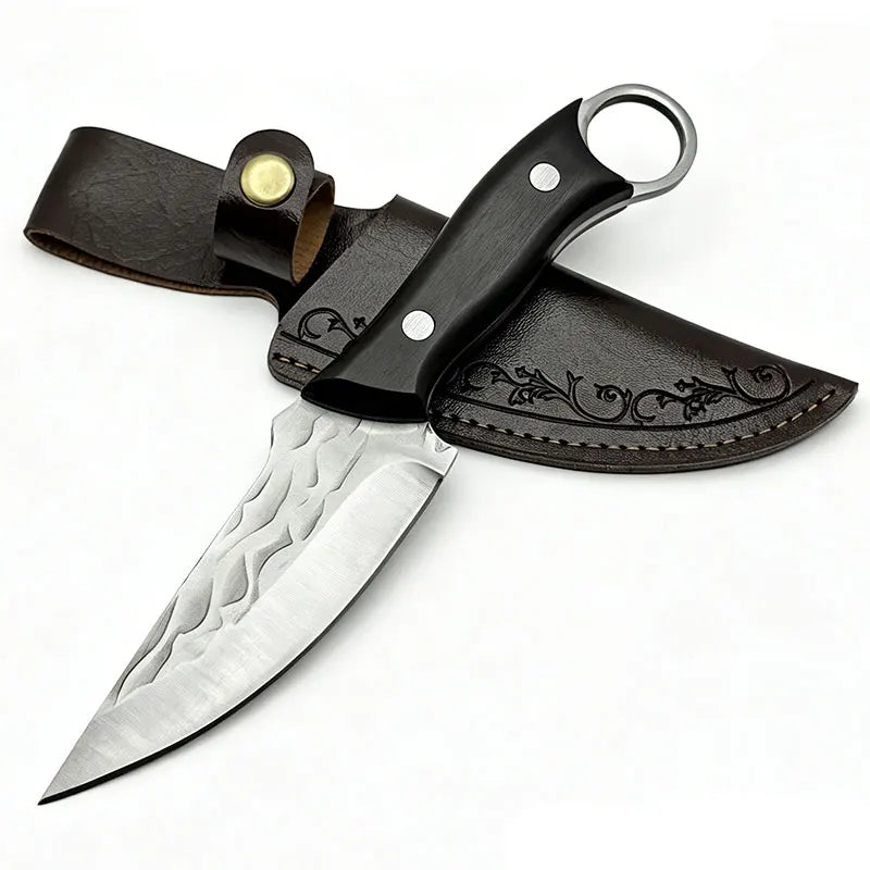 Hammered paring knife with wooden handle and sheath