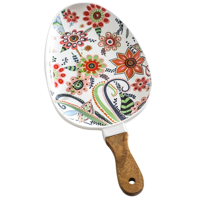 Floral Ceramic Serving Plate with Handle