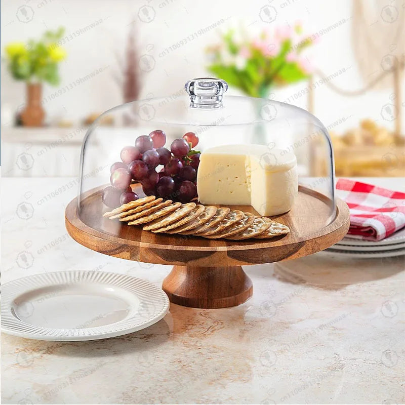 Acacia Wood Cake Stand with Clear Dome