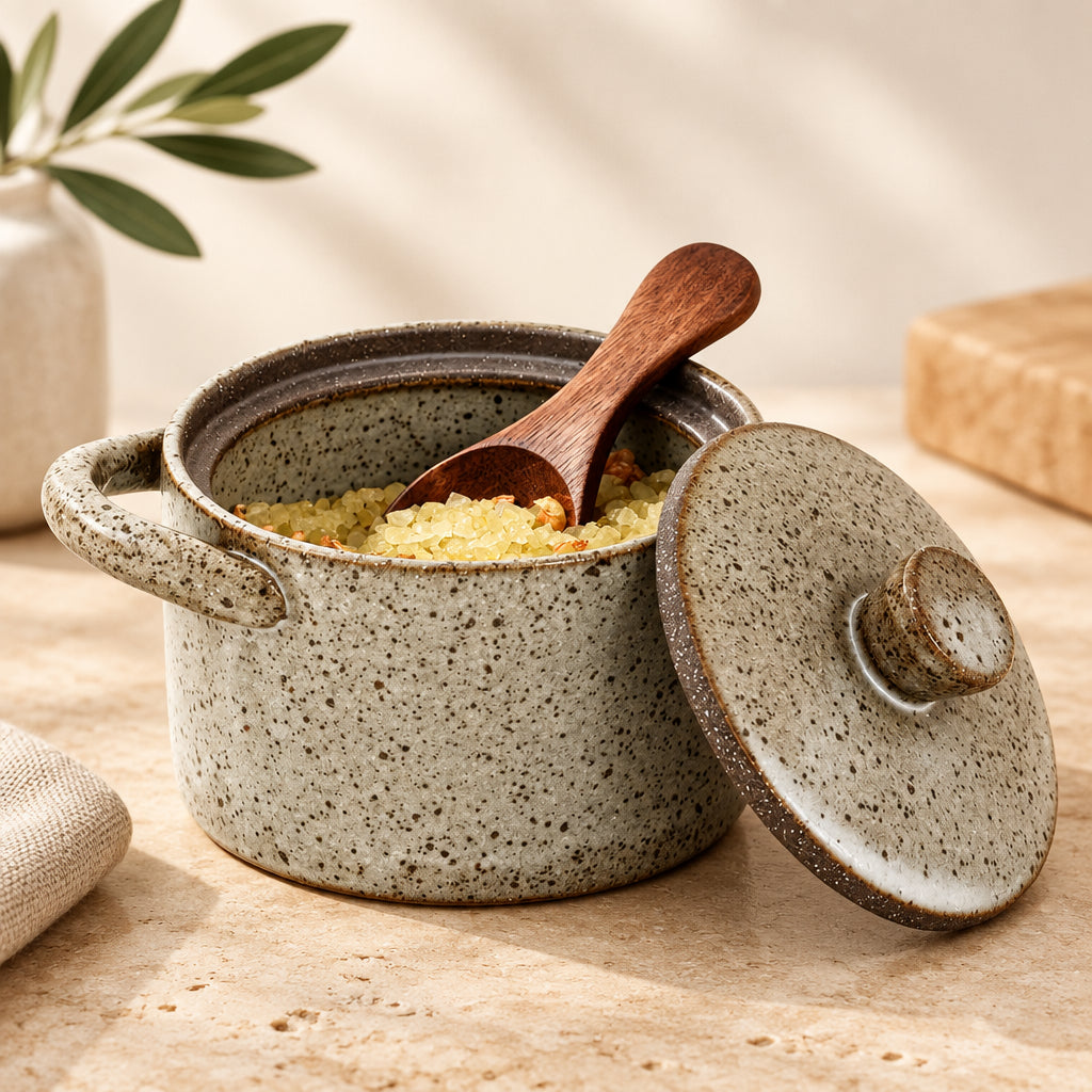 Ceramic Salt Cellar with Wooden Spoon