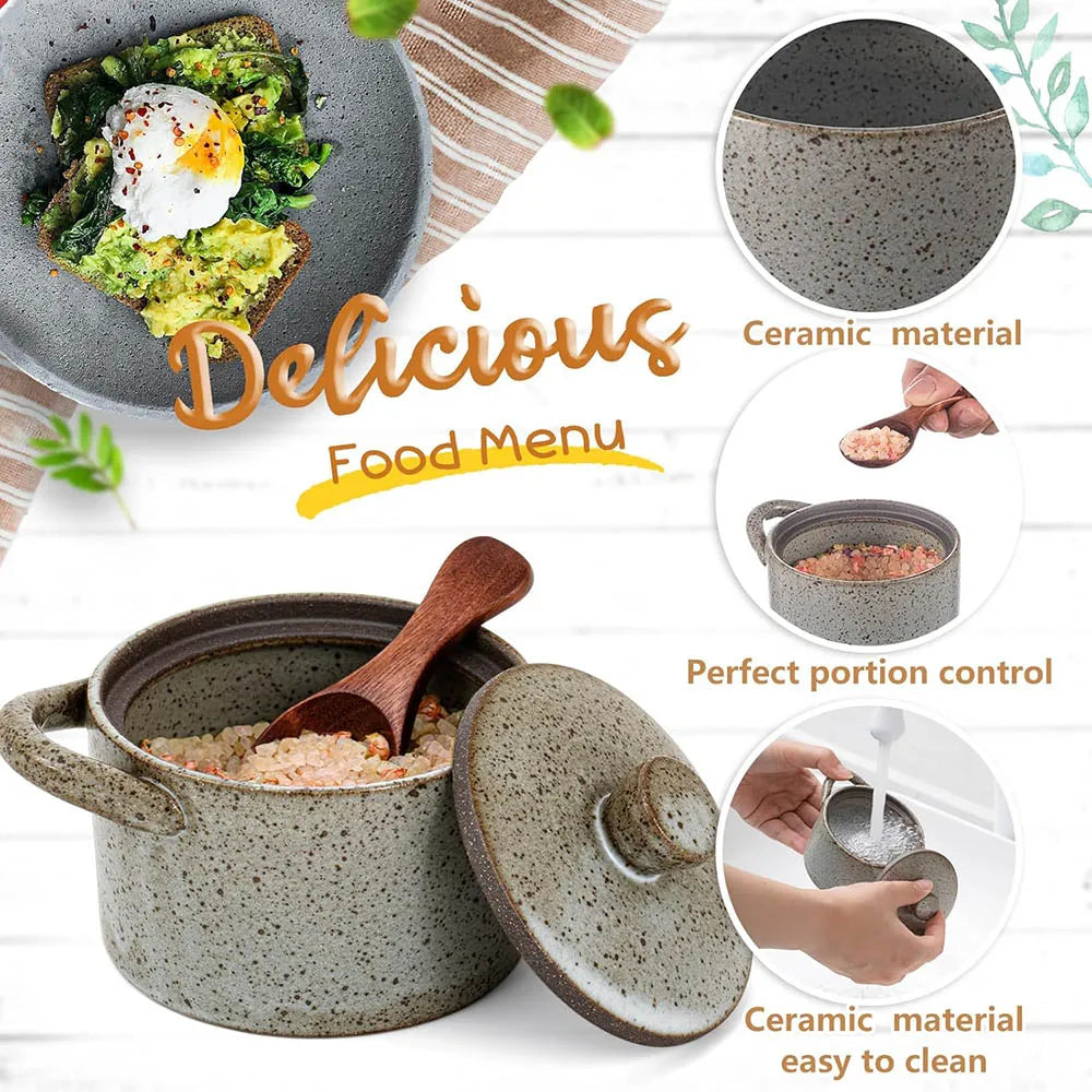 Ceramic Salt Cellar with Wooden Spoon