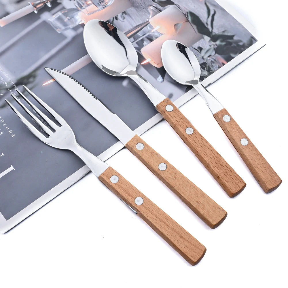 Wooden-Handled Cutlery Set, 24 Pieces