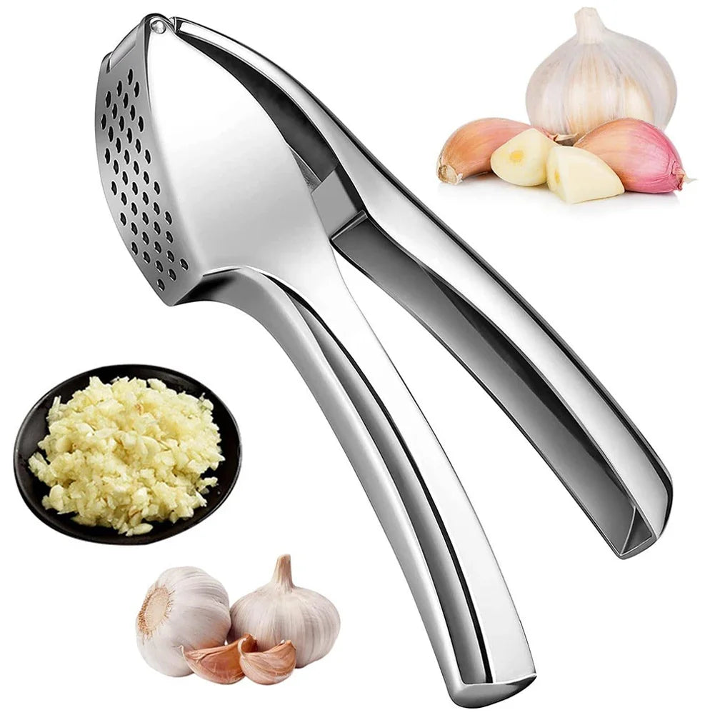 Garlic press with crushed garlic and whole bulbs