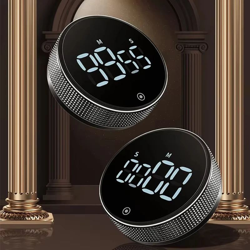 Round black digital kitchen timers with lit displays