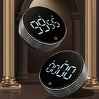 Round black digital kitchen timers with lit displays