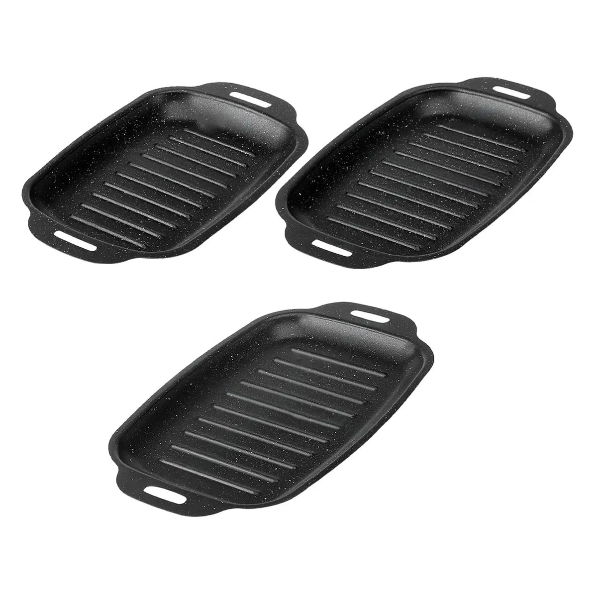 Three black rectangular ridged grill pans