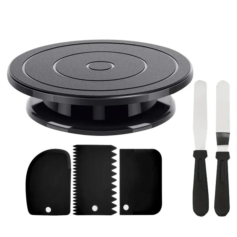 Black cake turntable with scrapers and palette knives