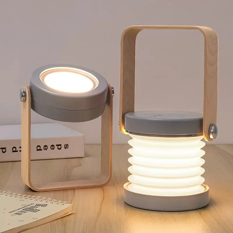 Lanterne portable créative à poignée en bois | Lampe de table pliable rechargeable