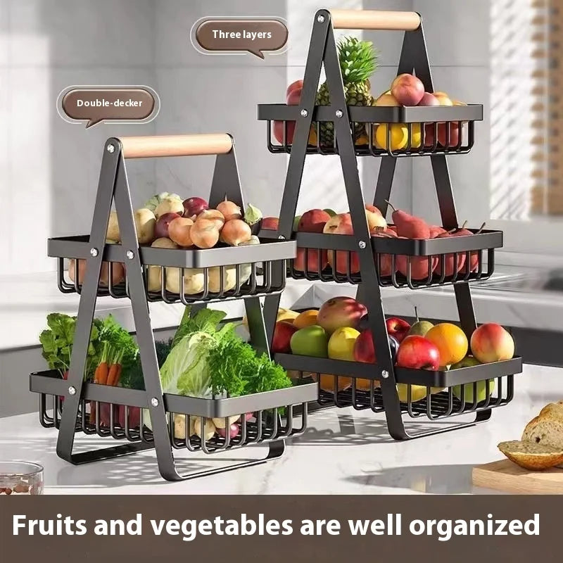 Tiered countertop fruit basket filled with fruit and vegetables