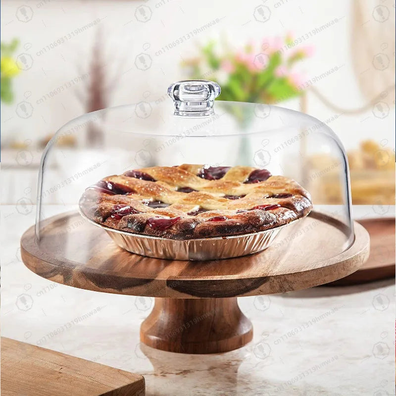 Acacia Wood Cake Stand with Clear Dome